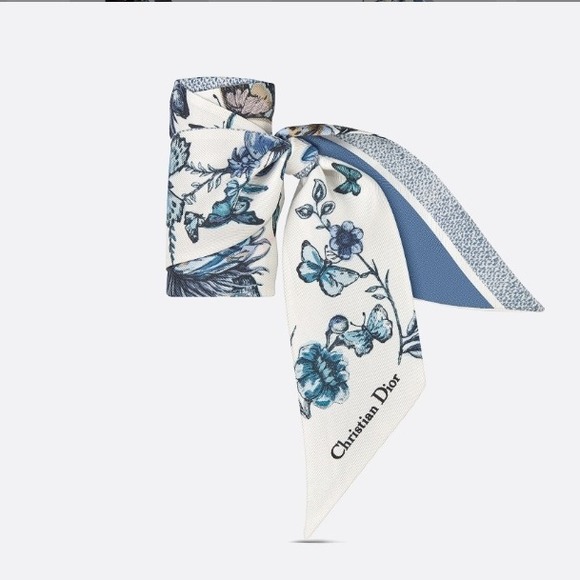 Christian Dior Silk Twilly Scarf‎ Blue Floral Butterfly  display picture 1